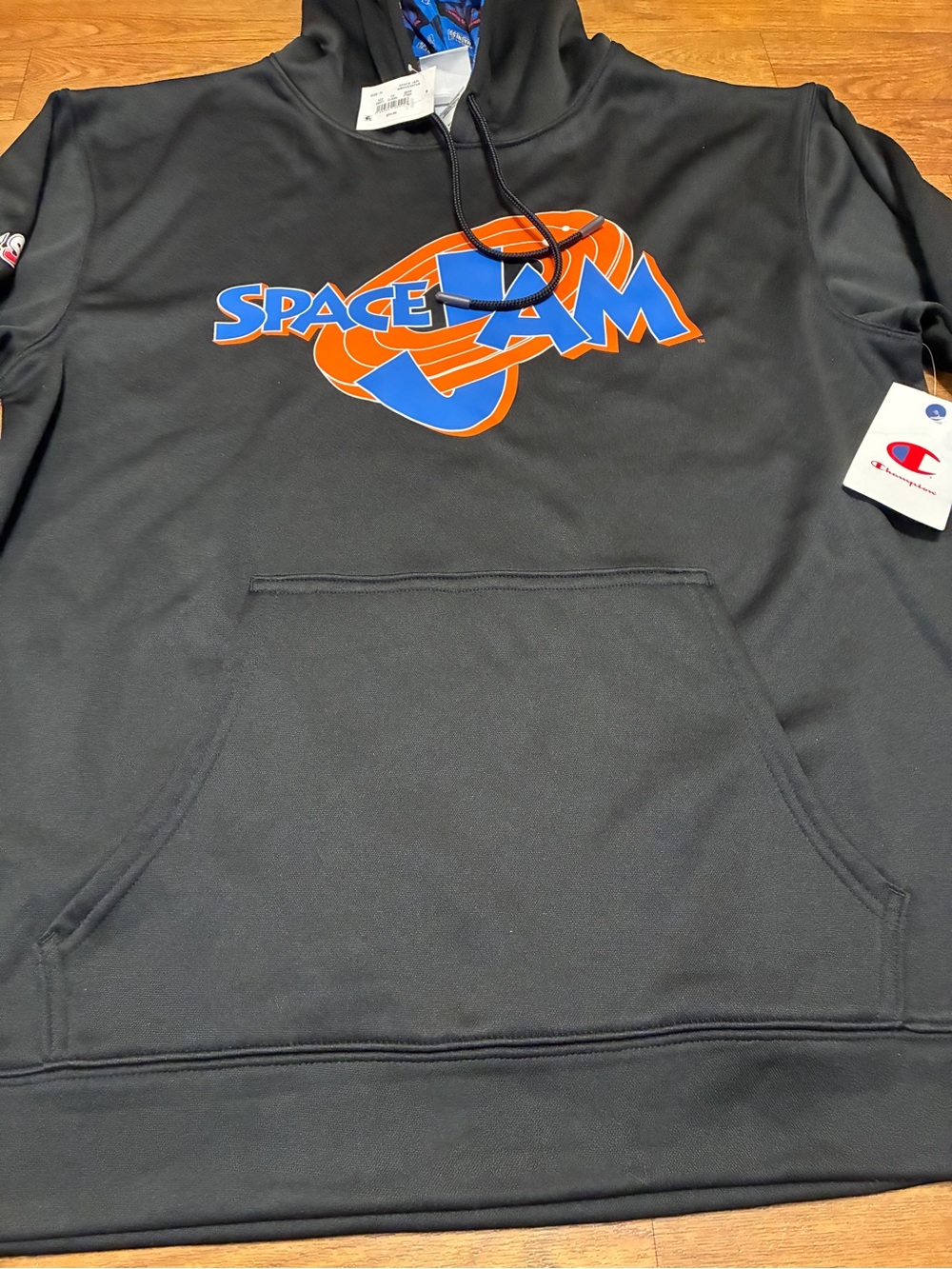 Men’s Champion Space Jam Black Hoodie with Orange & Blue Logo Size Medium NWT
